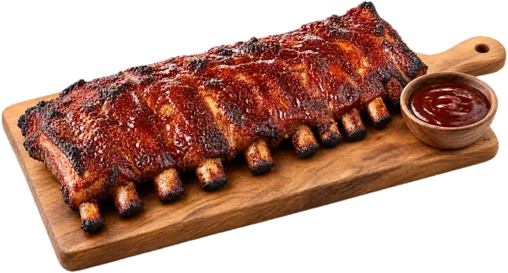 Costillar de cerdo asado con salsa barbacoa casera, brillante y pegajosa