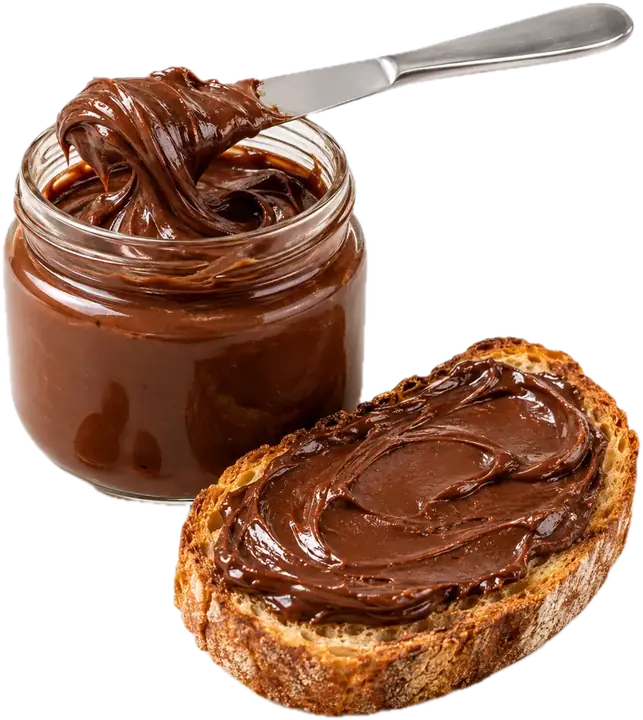 Tarro de crema de cacao y avellanas casera junto a una tostada untada
