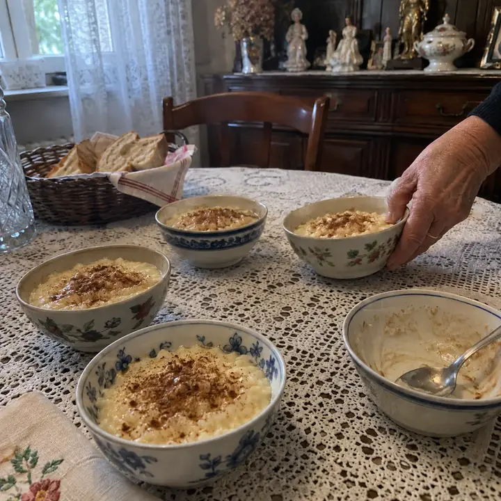 Cuencos de arroz con leche con canela sobre un mantel de ganchillo en un comedor de domingo