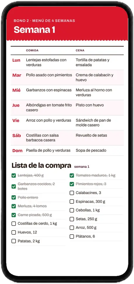 Menú de la semana 1 con comidas, cenas y lista de la compra, abierto en un móvil